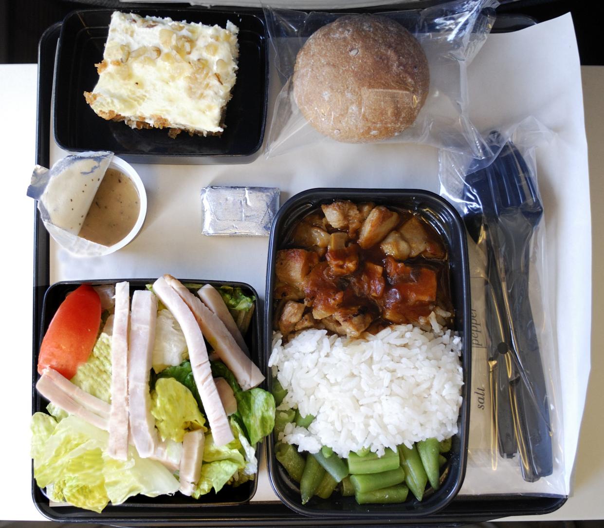 Tray of food from airline travel.