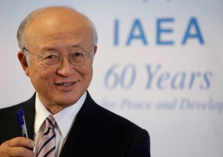 FILE PHOTO: IAEA Director General Amano addresses a news conference during a board of governors meeting in Vienna