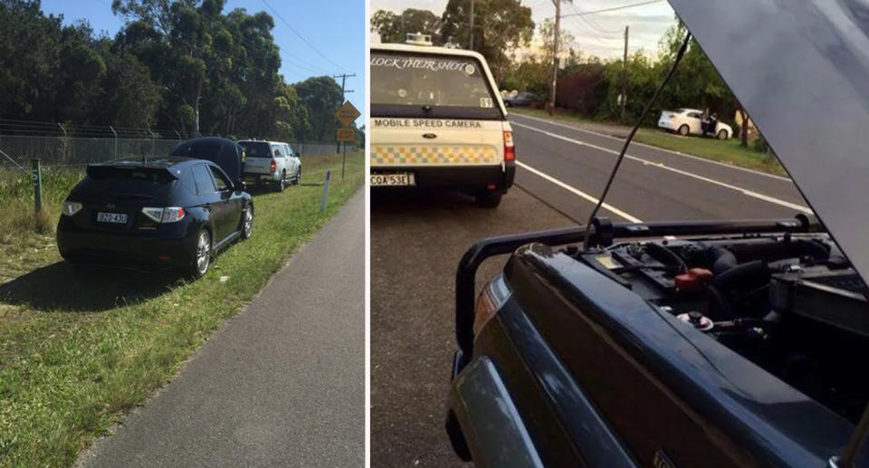 Cars blocking mobile speed cameras with bonnets up. 