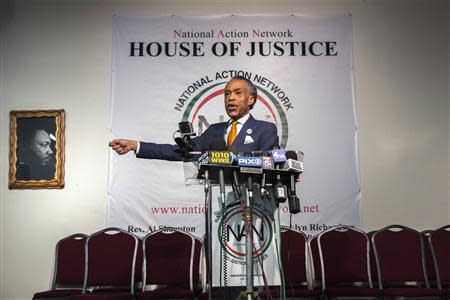 Reverend Al Sharpton speaks during a news conference held to address local media reports regarding his relationship with the FBI during the 1980s in New York April 8, 2014. REUTERS/Lucas Jackson