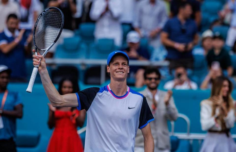 Jannik Sinner, of Italy reacts as he defeats Daniil Medvedev, of Russia 6-1, 6-2, in the men’s single men’s semifinals at the Miami Open tennis tournament, on Friday, March 29, 2024.