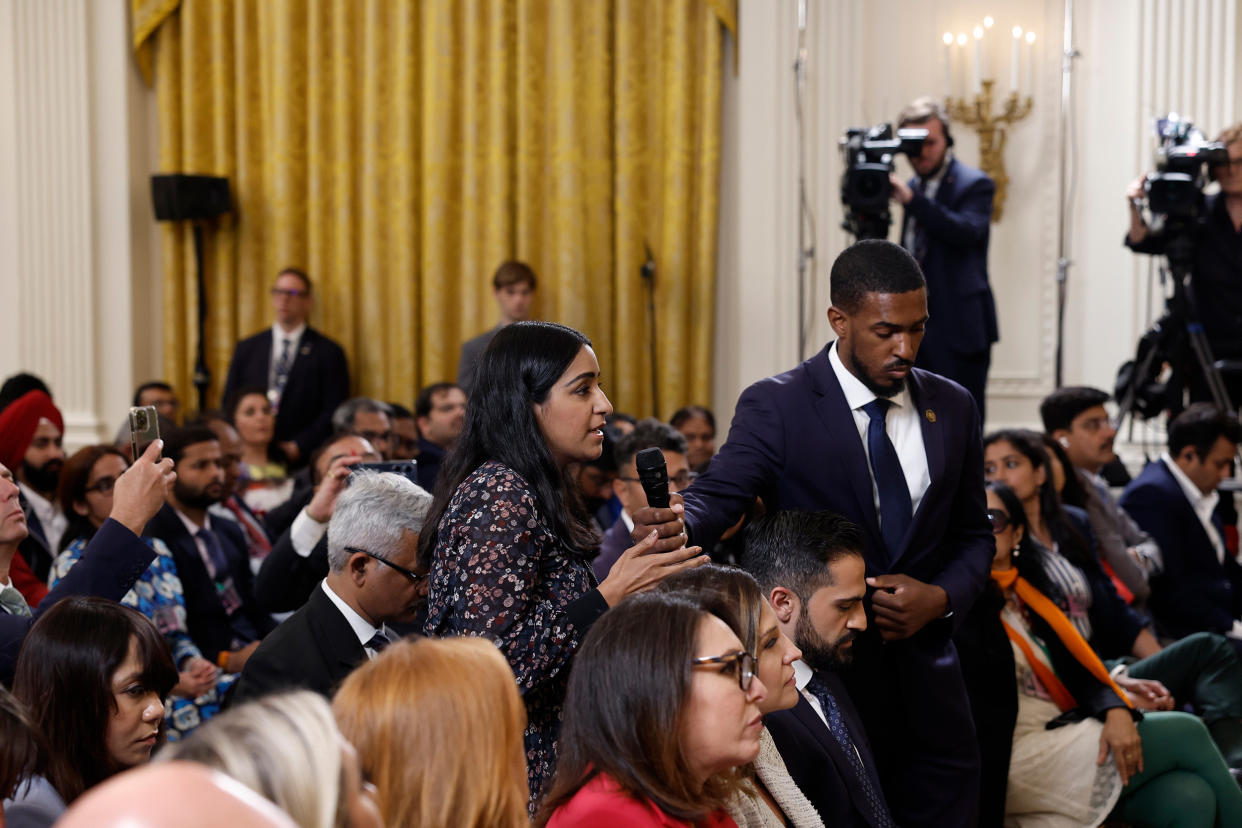 Wall Street Journal reporter Sabrina Siddiqui during a press conference with Joe Biden and Indian Prime Minister Narendra Modi at the White House on June 22, 2023. (Anna Moneymaker / Getty Images )