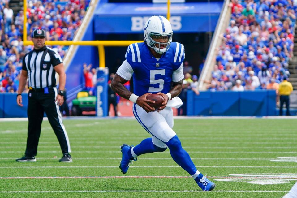 Aug 12, 2023; Orchard Park, New York, USA; Indianapolis Colts quarterback Anthony Richardson (5) runs with the ball against the Buffalo Bills during the first half at Highmark Stadium. Mandatory Credit: Gregory Fisher-USA TODAY Sports