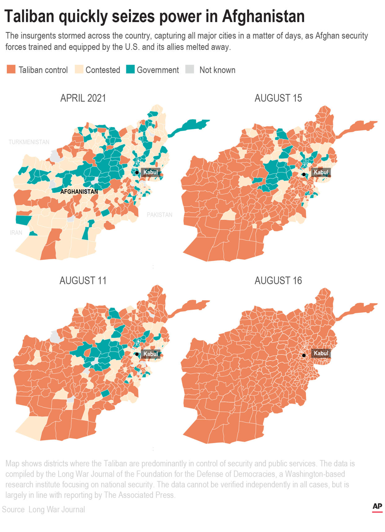 Map showing areas controlled by Taliban. (AP)