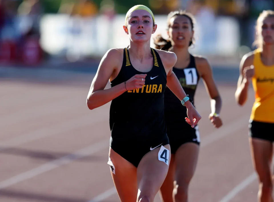 Ventura freshman Sadie Engelhardt uses a strong finishing kick to win the 1,600-meter title at the CIF State track and field championships on Saturday in Clovis.