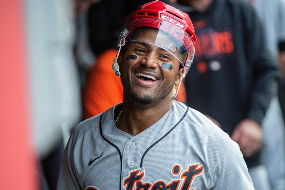 Tigers second baseman Andy Ibanez reacts after hitting a solo home run during the sixth inning of the Tigers' 6-2 win on Monday, May 8, 2023, in Cleveland.