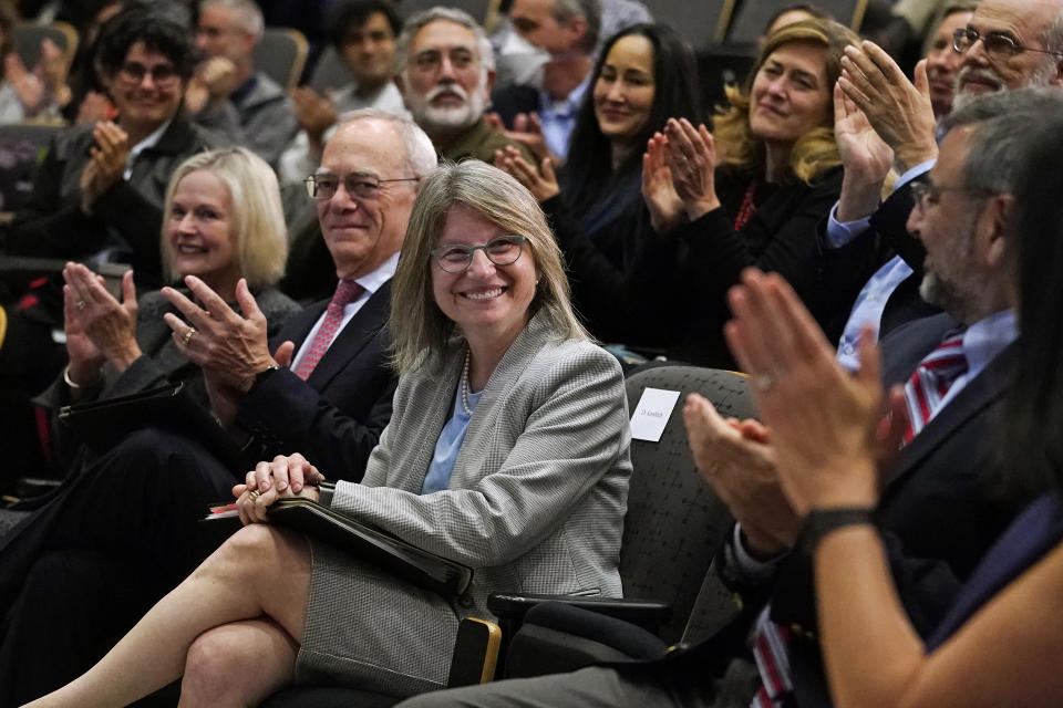 Sally Kornbluth smiles while introduced at a community gathering, Thursday, Oct. 20, 2022, in Cambridge, Mass. Kornbluth, a cell biologist who has spent the past eight years as provost at Duke University, was named president of the Massachusetts Institute of Technology on Thursday. (AP Photo/Charles Krupa)