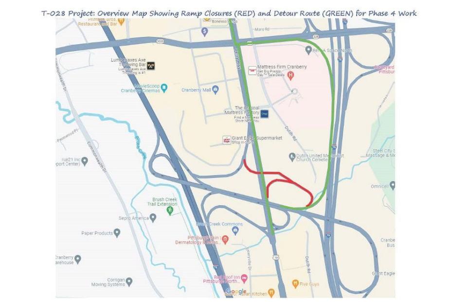 A map shows the closures and detours at the Pennsylvania Turnpike/Cranberry Interchange.