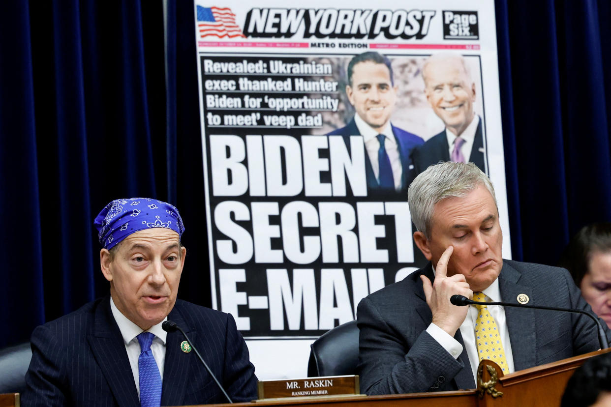 House Oversight Committee Chairman James Comer, R-Ky., listens as Rep. Jamie Raskin, D-Md., the panel's ranking Democrat, speaks during Wednesday's hearing. (Evelyn Hockstein/Reuters)