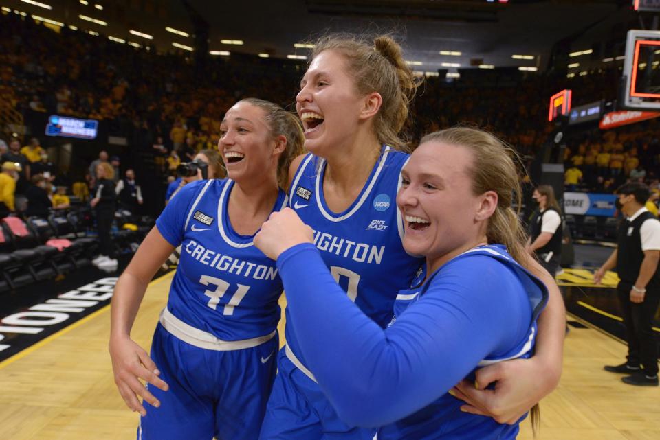 Creighton players celebrate their big win against the No. 2 Iowa Hawkeyes.