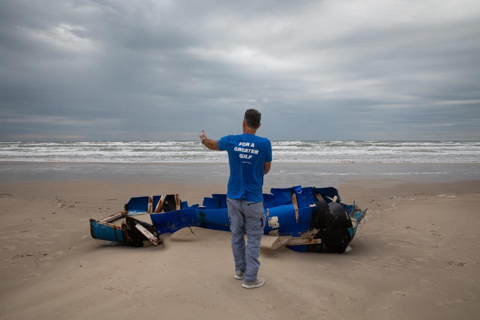 Jace Tunnell, a marine biologist and community engagement director with Harte Research Institute, talks about a stranded makeshift raft he discovered at Padre Island National Seashore for an episode of his beach combing series for the university on Tuesday, March 19, 2024, in Corpus Christi, Texas.