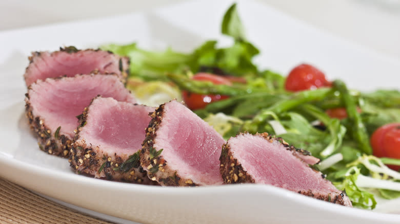 sliced, seared tuna steak