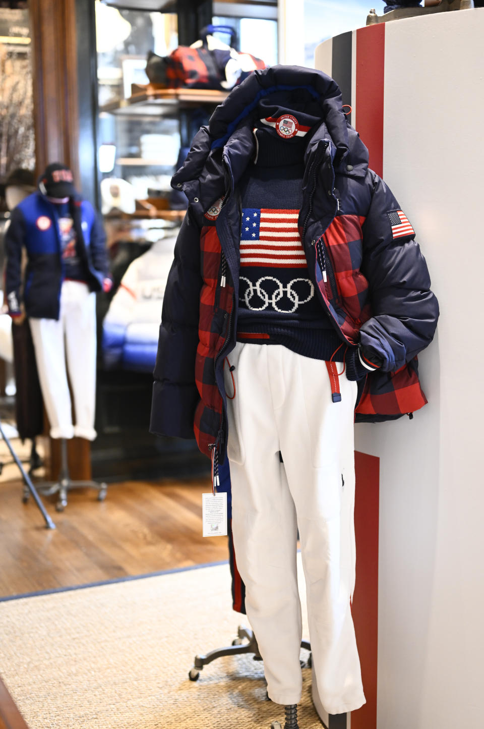 A Team USA Beijing winter Olympics closing ceremony uniform designed by Ralph Lauren is displayed Wednesday, Jan. 19, 2022, in New York. (Photo by Evan Agostini/Invision/AP)