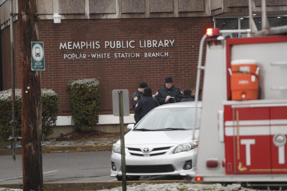 Memphis Police officers and first responders respond to an officer involved shooting on Feb. 02, 2023 in the library located at 5094 Poplar Avenue in Memphis. 