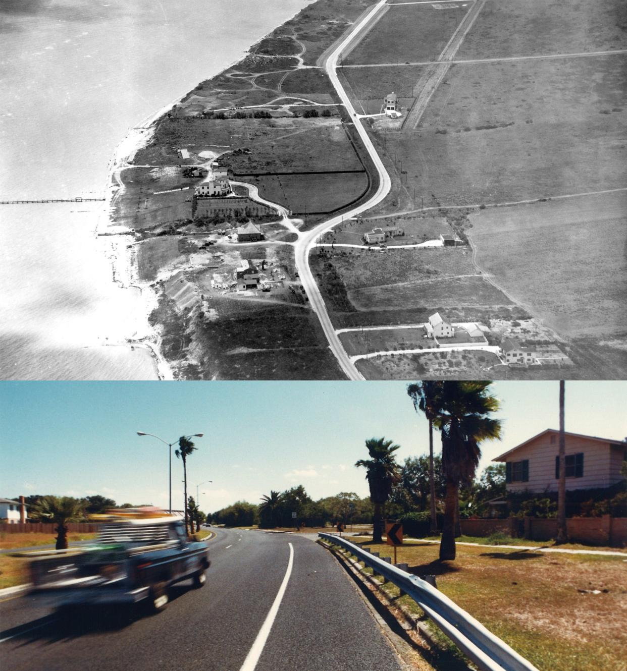 TOP: Ocean Drive in 1937, with the distinctive S-curve that was the site of many accidents. BOTTOM: The S-curve, seen in this 1989 photo, is still part of the roadway but much smoother than the original. 