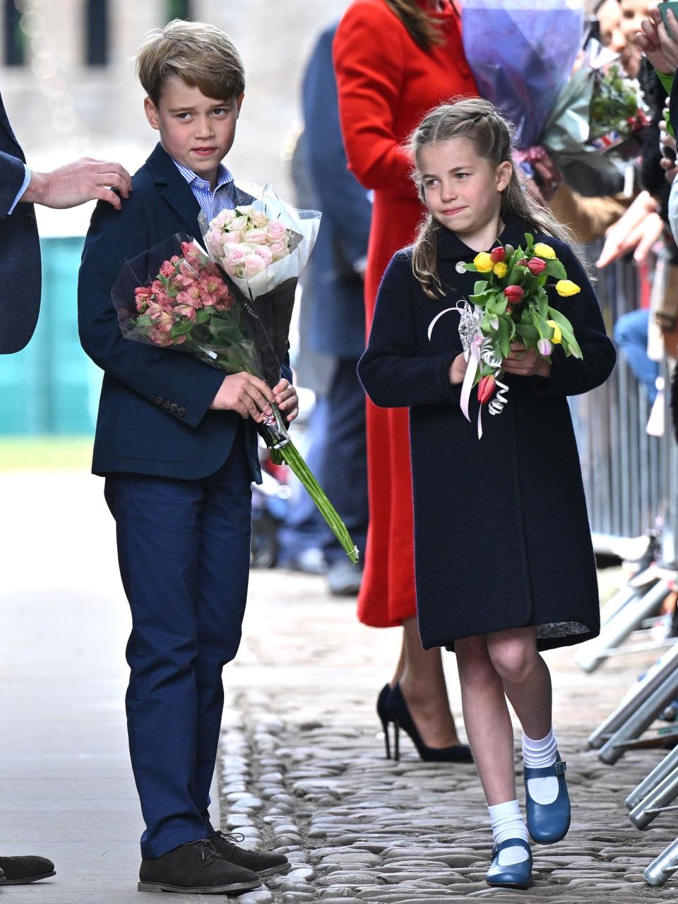 CARDIFF, WALES - JUNE 04:  Princess Charlotte of Cambridge and Prince George of Cambridge depart after a visit of Cardiff Castle on June 04, 2022 in Cardiff, Wales. (Photo by Samir Hussein/WireImage)