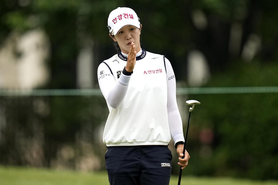 Jin Hee Im, of South Korea, lines up her shot on the fourth green during the second round of the Chevron Championship LPGA golf tournament Friday, April 19, 2024, at The Club at Carlton Woods, in The Woodlands, Texas. (AP Photo/Eric Gay)