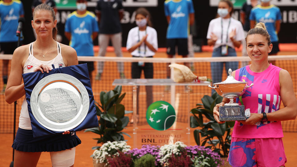 Karolina Pliskova and Simona Halep, pictured here after the Italian Open final.