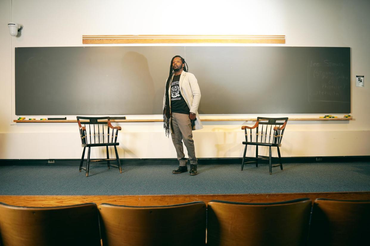 <span>Sunn m'Cheaux at Harvard University on 1 April 2024.</span><span>Photograph: Philip Keith/The Guardian</span>