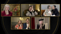 In this video grab issued Sunday, Feb. 28, 2021, by NBC, Jodie Foster, pictured top right holding her dog Ziggy, accepts the award for best supporting actress in a motion picture for "The Mauritanian" as her wife Alexandra Hedison looks on at right at the Golden Globe Awards. Pictured with Foster are fellow nominees, from top left, Glenn Close, Olivia Colman, and from bottom left, nominee Amanda Seyfried with her husband Thomas Sadoski and Helena Zengel. (NBC via AP)