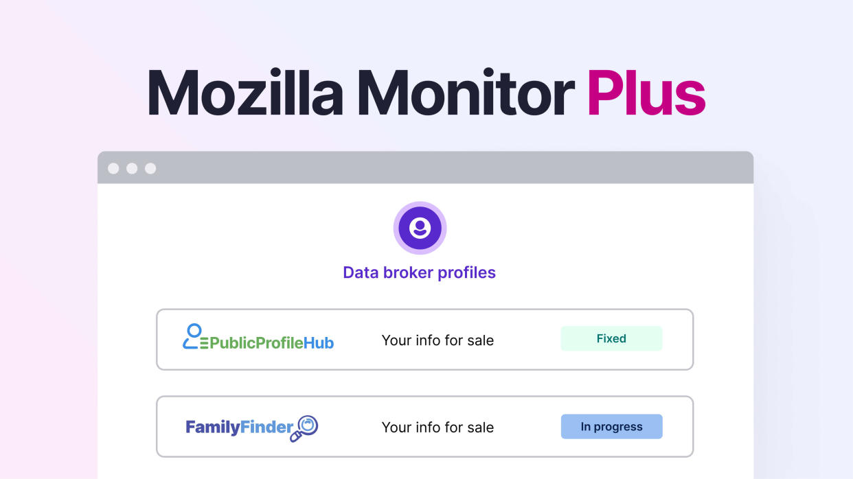  Promo image for Mozilla Monitor Plus, user data scan and removal tool for Firefox. 