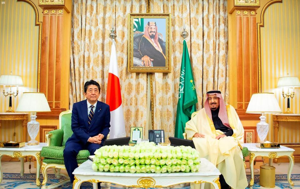 ADDS DATE - In this photo released by Saudi Press Agency, SPA, Saudi King Salman, right, receives Japan's Prime Minister Shinzo Abe, in Riyadh, Saudi Arabia, Sunday, Jan. 12, 2020. (Saudi Press Agency via AP) (Saudi Press Agency via AP)