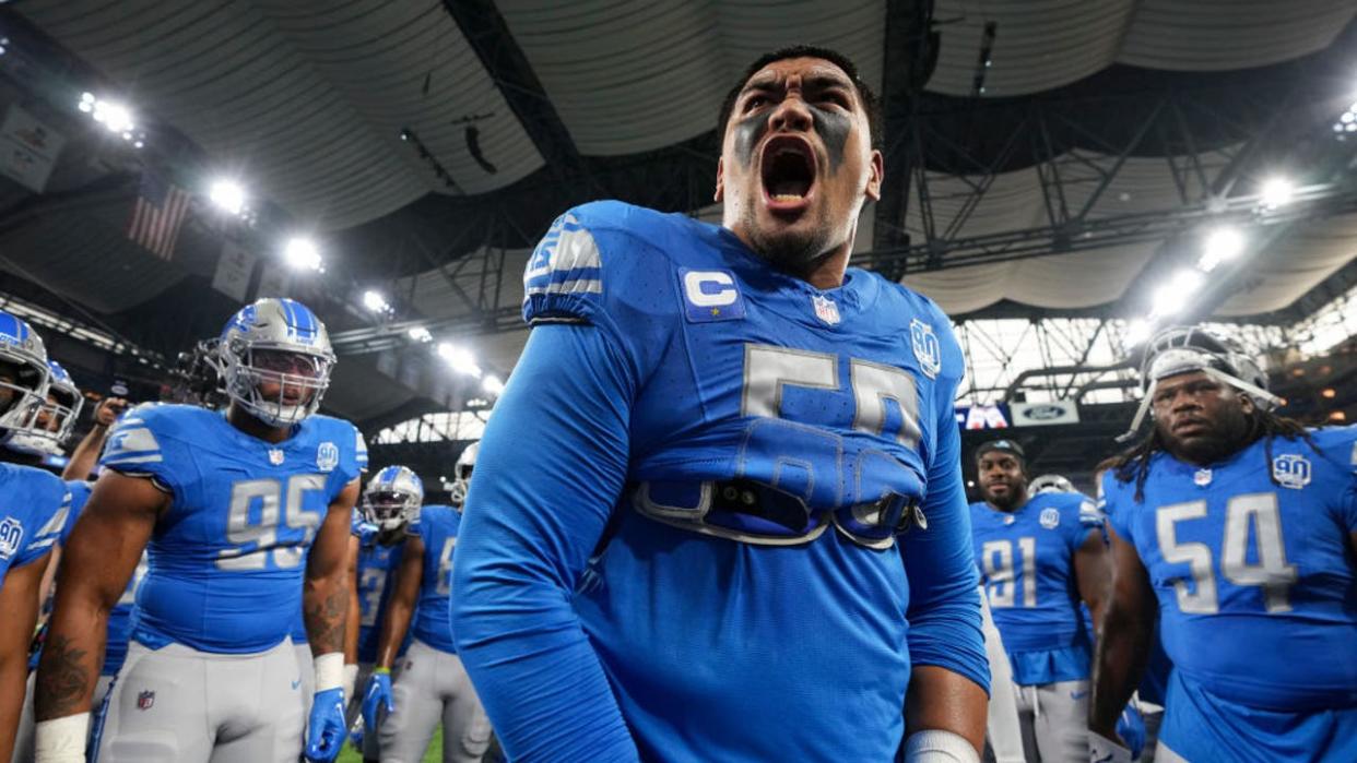 <div>DETROIT, MI - SEPTEMBER 17: Offensive tackle Penei Sewell #58 of the Detroit Lions leads pre-game huddle prior to an NFL football game against the Seattle Seahawks at Ford Field on September 17, 2023 in Detroit, Michigan. (Photo by Todd Rosenberg/Getty Images)</div>