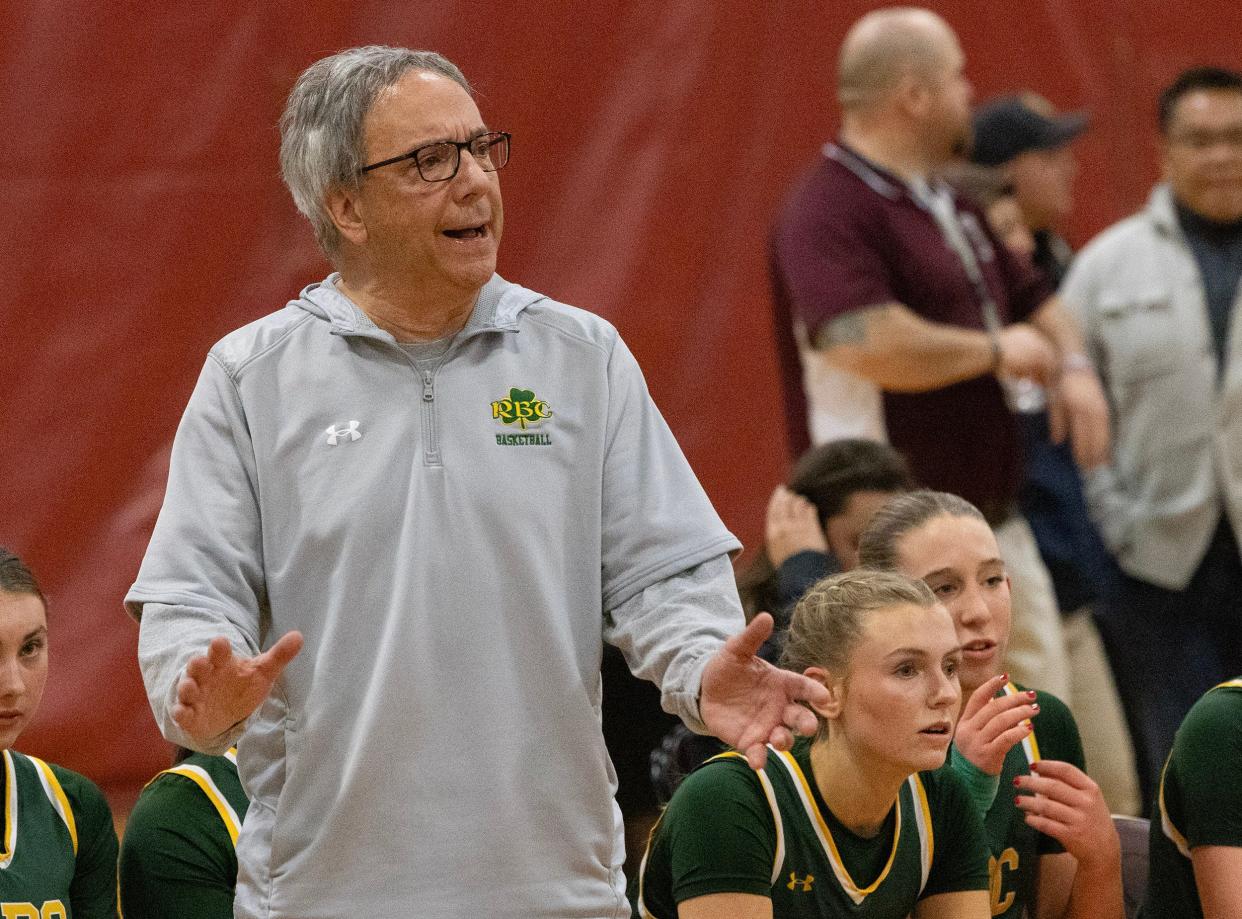 RBC Head Coach Joe Montano. Red Bank Catholic vs Manasquan in SCT Girls Basketball Semifinal on February 15, 2024 in Red Bank. NJ.