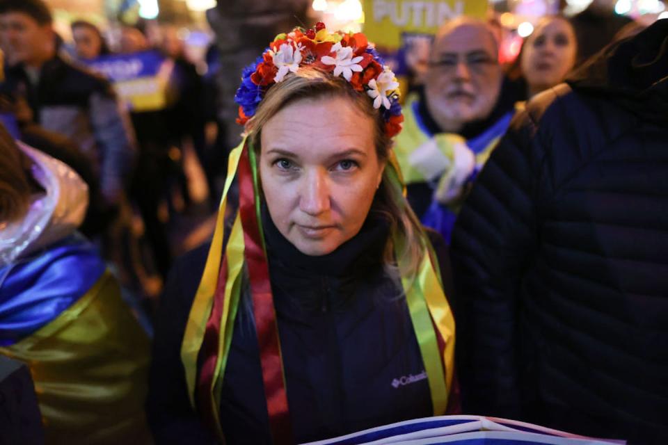 Ukrainians and Israelis who support them gather during a protest against Russian attacks on Ukraine, on March 12, 2022, in Tel Aviv, Israel. <a href="https://www.gettyimages.com/detail/news-photo/ukrainians-and-israelis-who-support-them-gather-during-a-news-photo/1239137503?adppopup=true" rel="nofollow noopener" target="_blank" data-ylk="slk:Mostafa Alkharouf/Anadolu Agency via Getty Images;elm:context_link;itc:0;sec:content-canvas" class="link ">Mostafa Alkharouf/Anadolu Agency via Getty Images</a>