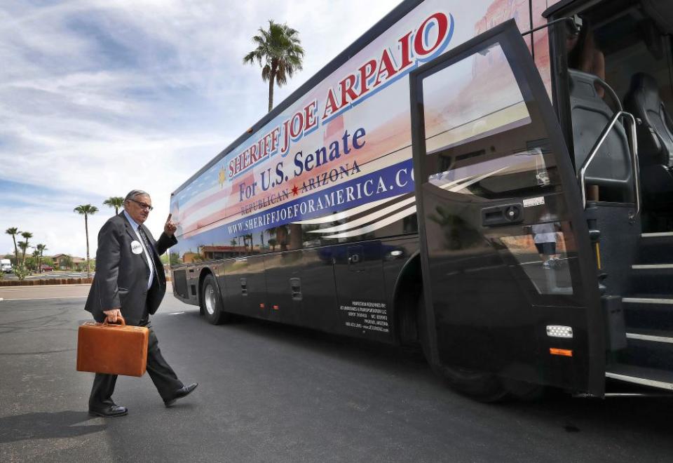 Joe Arpaio, a Senate candidate and former Maricopa county sheriff, with his campaign tour bus.