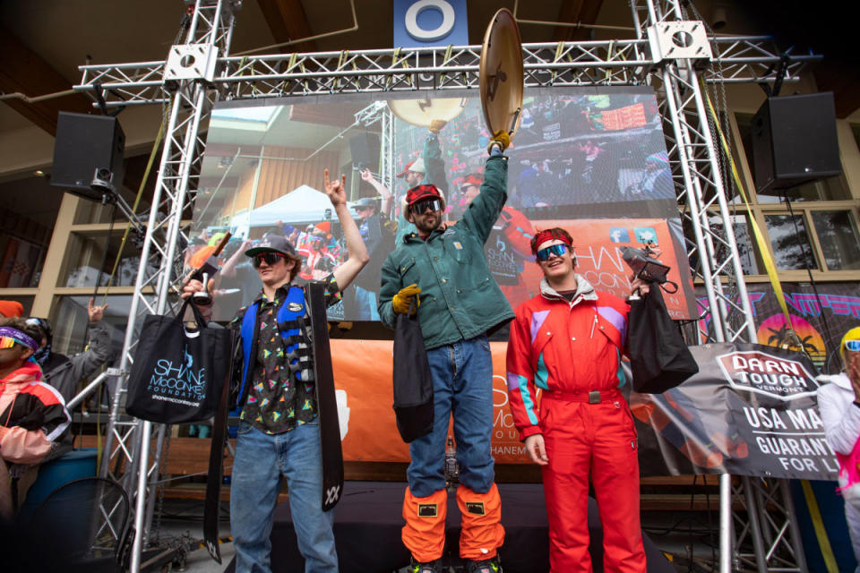 Donny Pelletier stood atop the podium with the Golden Saucer at PMS 2023.<p>Shane McConkey Foundation</p>