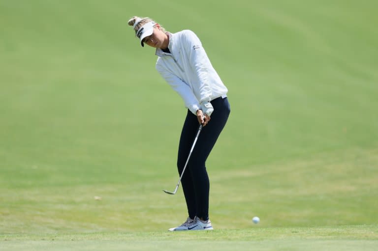American Nelly Korda on the way to victory in the Chevron Championship, her fifth win in five starts to match an LPGA tour record (ANDY LYONS)