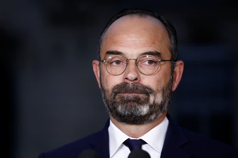 French Prime Minister Edouard Philippe delivers a statement about the pensions reform plan at the Hotel Matignon in Paris