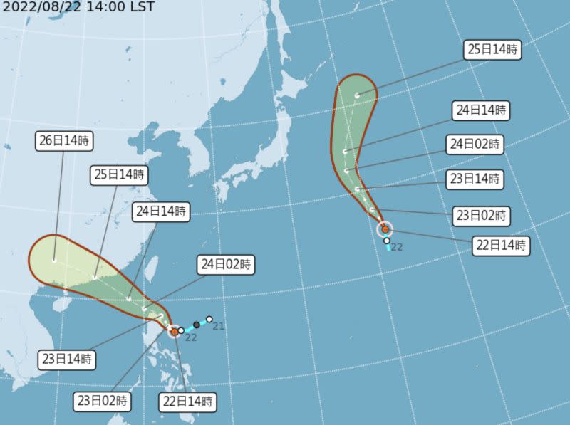 ▲目前西北太平洋上有兩個颱風生成，靠近日本東方海面的蝎虎颱風（右）對台灣沒有影響。（圖／翻攝中央氣象局官網）