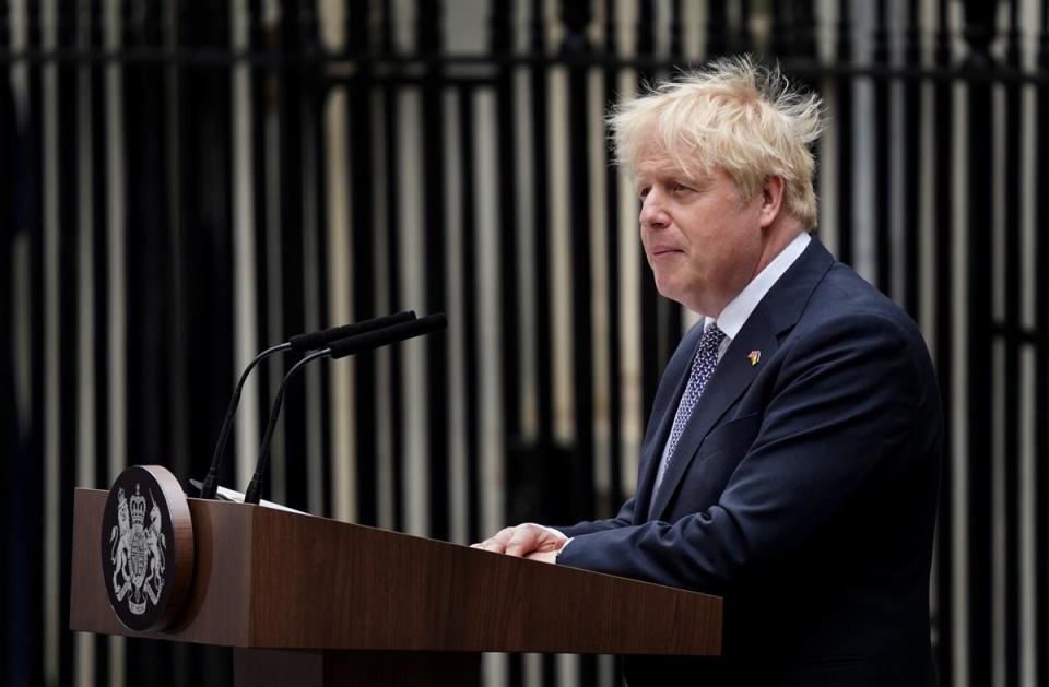 Prime Minister Boris Johnson reads a statement outside 10 Downing Street (Gareth Fuller/PA) (PA Wire)