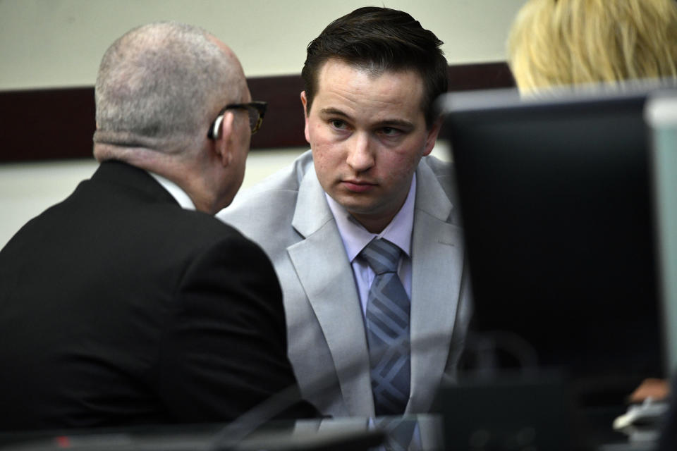 Andrew Delke sits in court before he pleads guilty to manslaughter on Friday, July 2, 2021 in Nashville, Tenn. Delke pleaded guilty to manslaughter over the death of 25-year-old Daniel Hambrick in 2018 as part of an agreement with prosecutors. (Josie Norris/The Tennessean via AP, Pool)