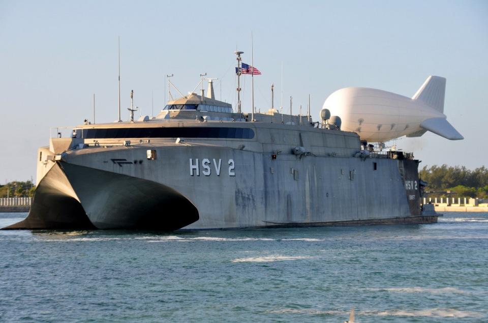 <em>Swift</em> in 2013 with a tethered surveillance blimp installed on its stern flight deck. <em>USN</em>