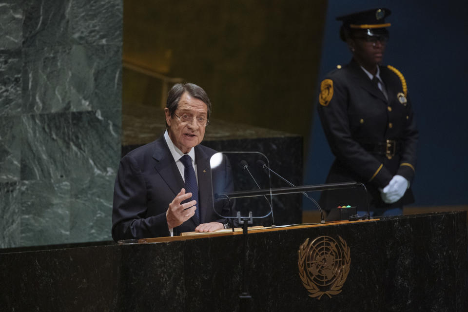 Cyprus' President Nicos Anastasiades speaks during the United Nations General Assembly at United Nations headquarters Thursday, Sept. 26, 2019. (AP Photo/Kevin Hagen)