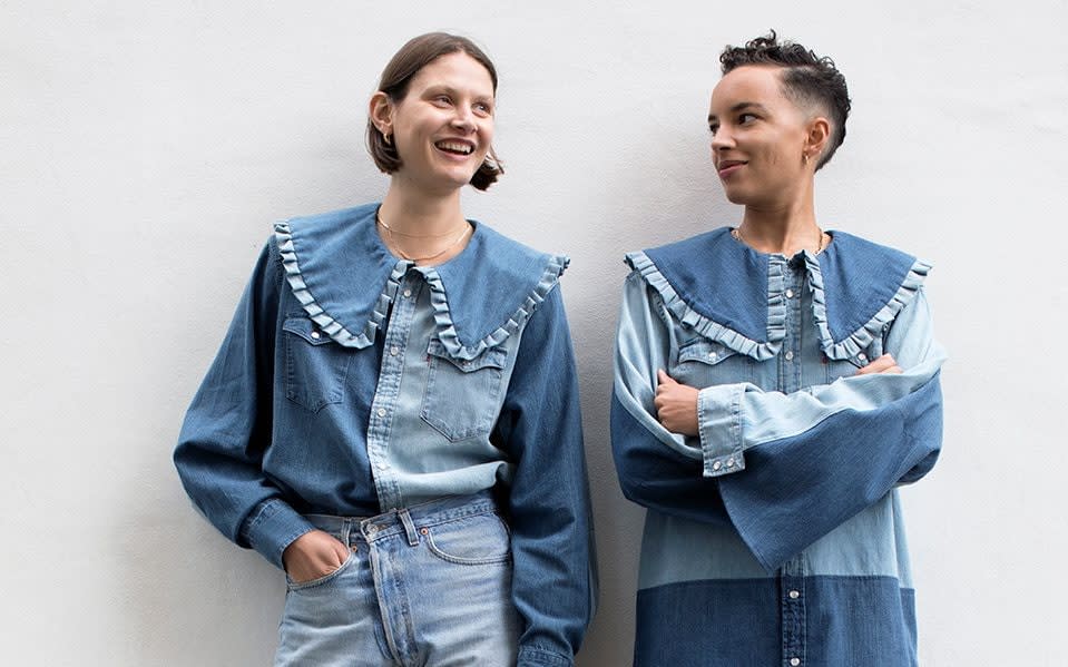 Victoria Sekrier and Phoebe Collings-James wearing the new Ganni x Levi's Love Letter collection in London - Clare Shilland