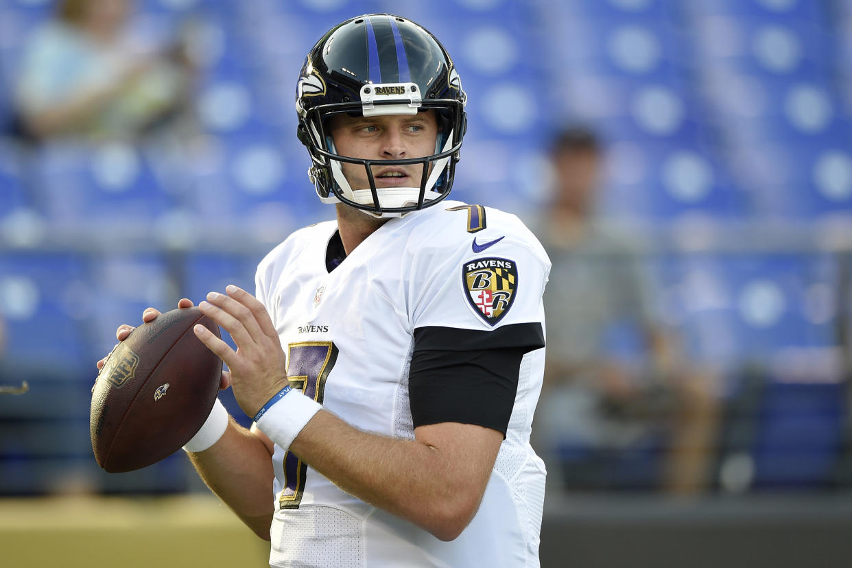 Baltimore Ravens' quarterback Ryan Mallett warms up before an NFL preseason football game against the Carolina Panthers, Thursday, Aug. 11, 2016, in Baltimore. (Nick Wass / AP file)