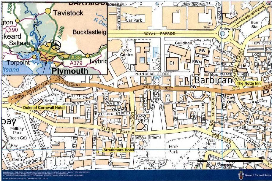 Devon and Cornwall Police handout of a map showing the locations connected to a rape investigation in 1978 (PA Media)