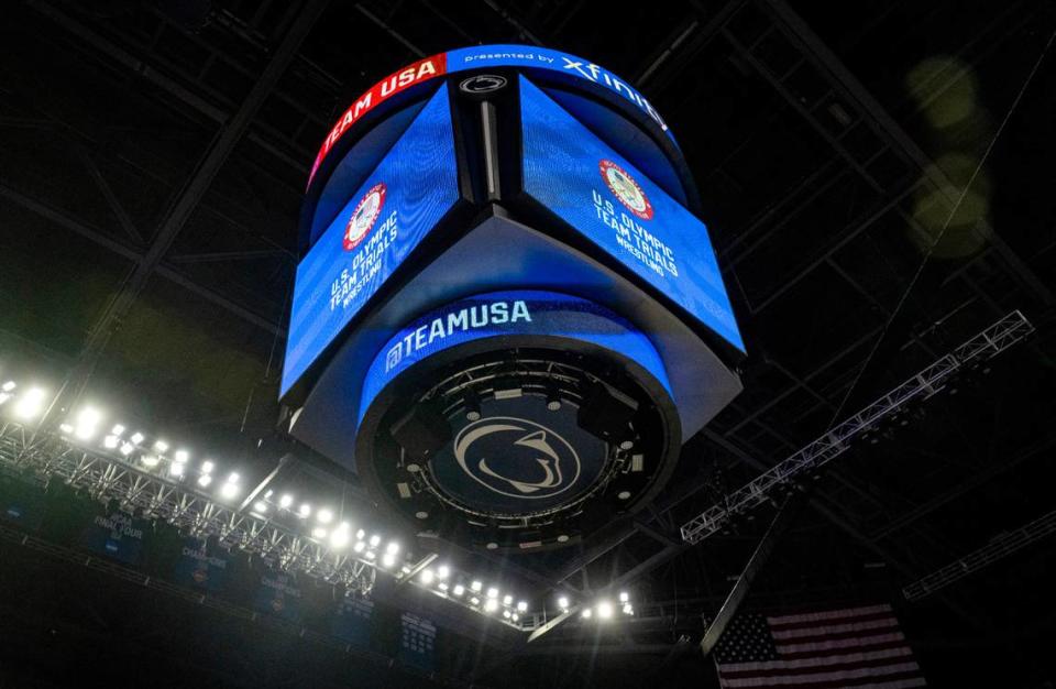 The scoreboard at the Bryce Jordan Center promotes the U.S. Olympic Team Trials for Wrestling.