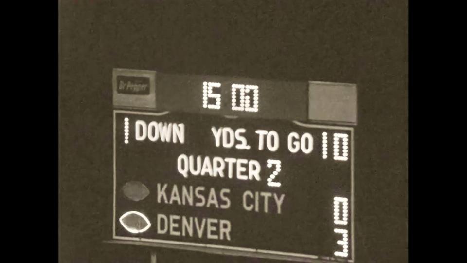 The Farrington Field scoreboard at the Kansas City Chiefs-Denver Broncos game, Aug. 28, 1964.