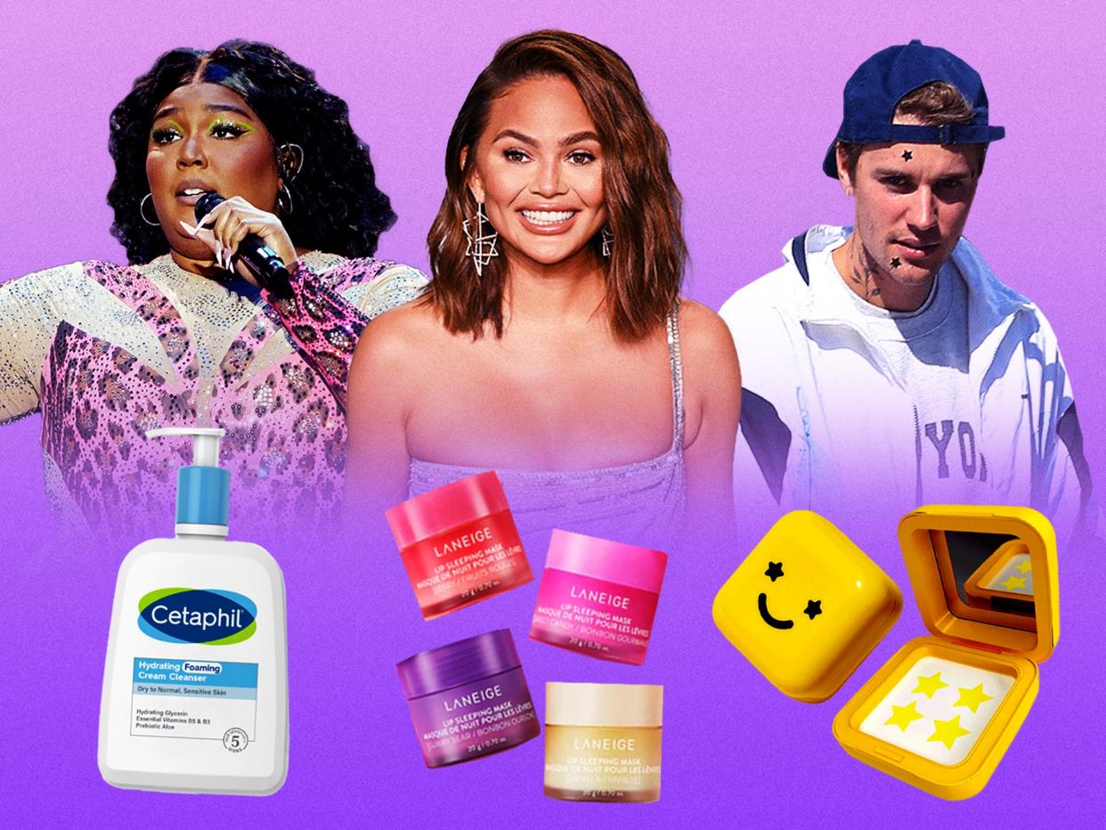 Lizzo, Chrissy Teigen, and Justin Bieber with products in the foreground of a purple background