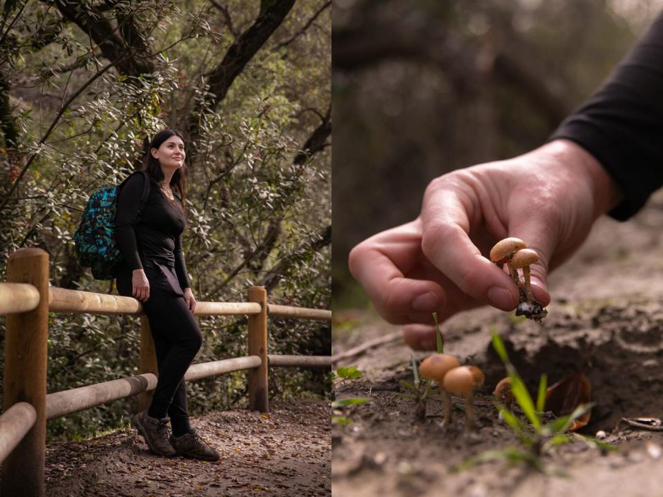 Bat Vardeh poses for a portrait, left, and picks some tiny mushrooms, right.