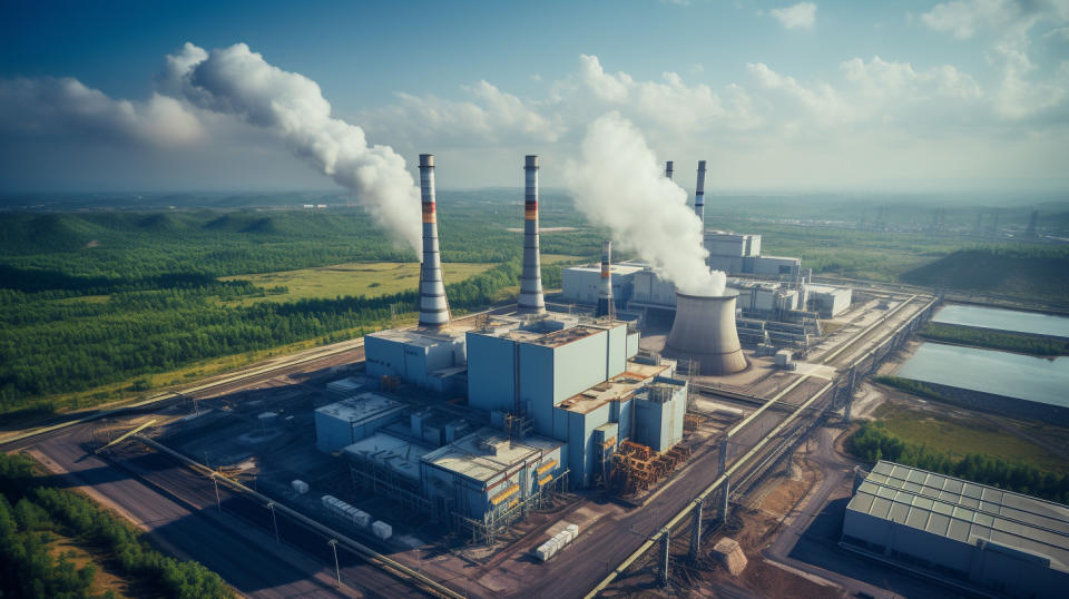 A bird's eye view of a power generation platform with a power plant in the background.