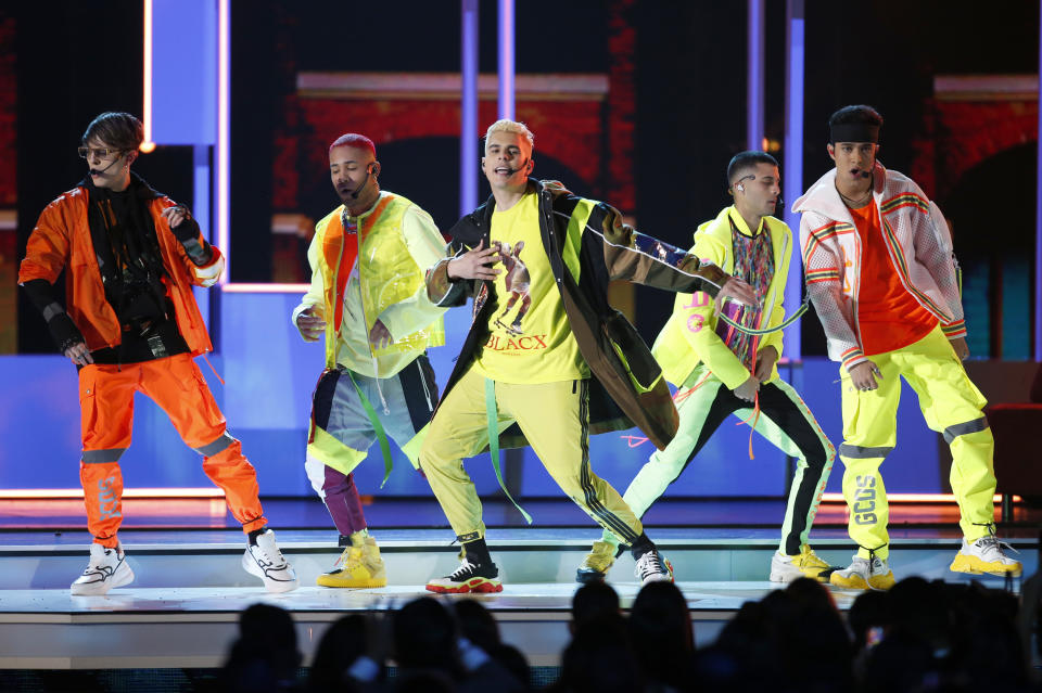 FILE - This April 25, 2019 file photo shows CNCO performing at the Billboard Latin Music Awards in Las Vegas on April 25, 2019. The band will perform at the 2020 MTV Video Music Awards on Aug. 30. (Photo by Eric Jamison/Invision/AP, File)