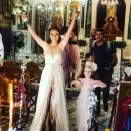 <p>Bride Natalie looked stunning in a shimmering, champagne frock with pink details down the centre-split. She perfectly matched their daughter Michaela on the right. Photo: Instagram/satbains1 </p>