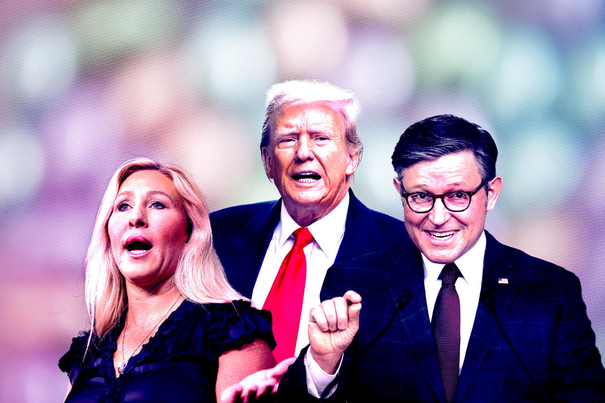 Marjorie Taylor Greene, Donald Trump and Mike Johnson Photo illustration by Salon/Getty Images