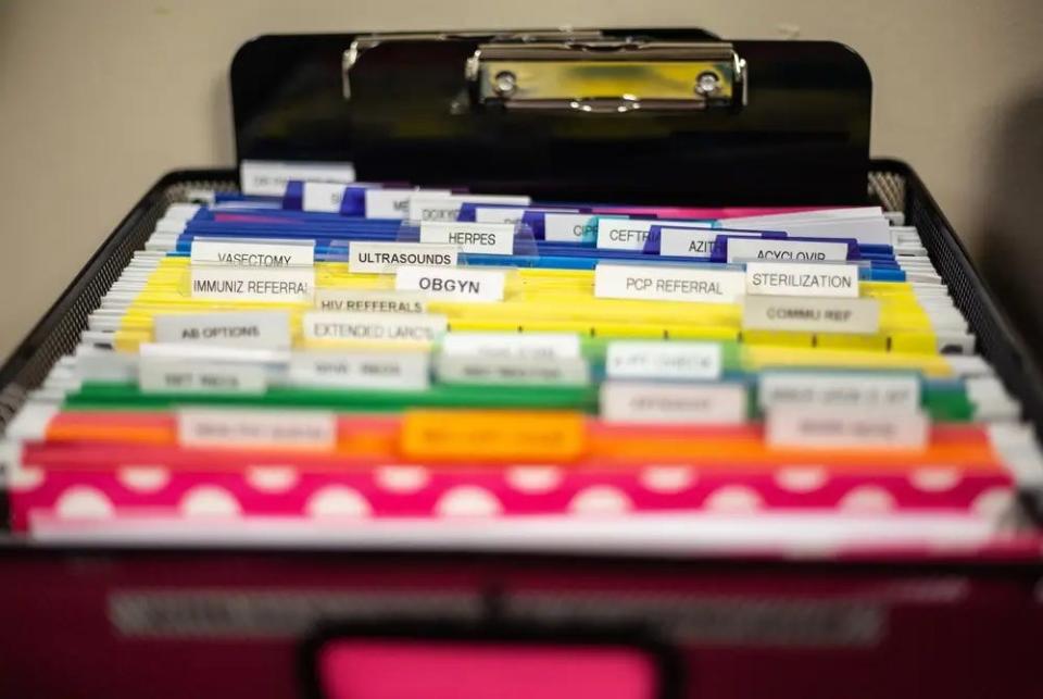 Files at an Austin Planned Parenthood show a range of medical services provided.
